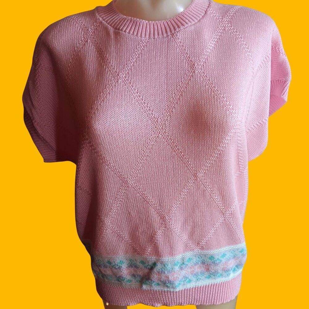 Large Vintage Sweater 80's Devon Pink Knit Short Sleeve Diamond Pattern Pastel